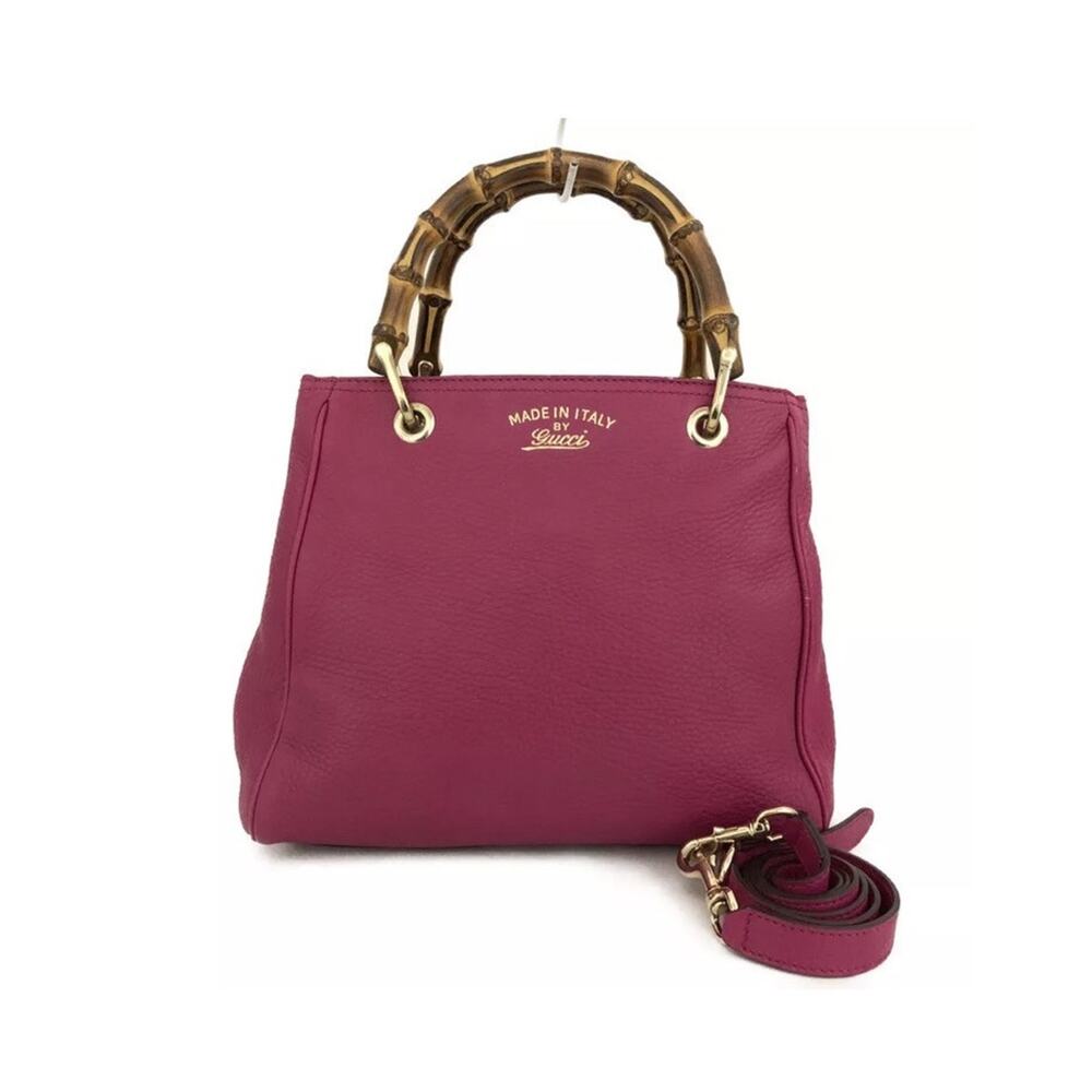 GUCCI Bamboo Shopper Small Leather Hand Bag w/Shoulder Strap Purple